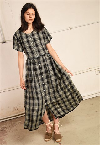 90'S RETRO TARTAN CHECKED PARIS CHIC MINIMALIST MIDI DRESS