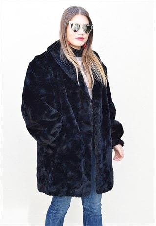 VINTAGE 80S OVERSIZED TISSAVEL BLACK FAUX FUR SWING COAT
