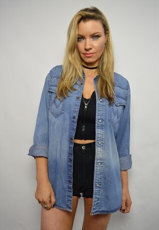 VINTAGE 90S WRANGLER MEDIUM BLUE WASH DENIM SHIRT GRUNGE