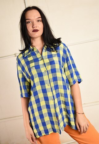 VINTAGE 90S PARIS CHIC PSYCHEDELIC CHECKED SHIRT TOP