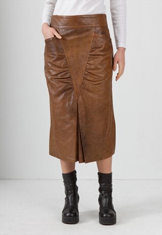 VINTAGE BROWN VERAPELLE LEATHER MIDI SKIRT