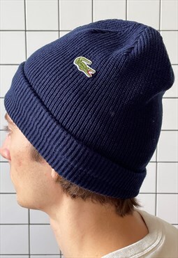 Vintage LACOSTE Beanie Hat Knit Knitted 80s Blue