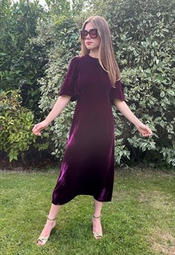 70's Vintage Purple Fluted Sleeve Velvet Midi Dress Small