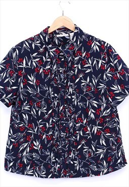 Vintage Hawaiian Shirt Navy Pleated Short Sleeve With Print 