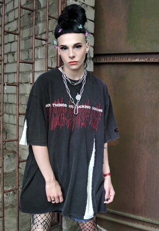 STITCHED TRIBAL PRINT TEE GRAFFITI SLOGAN GRUNGE T-SHIRT