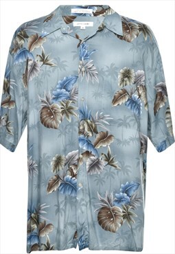 Vintage Pierre Cardin Foliage Print Blue & Grey Hawaiian Shi