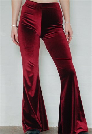 BURGUNDY HIGH WAISTED VELVET BELL BOTTOM FLARES