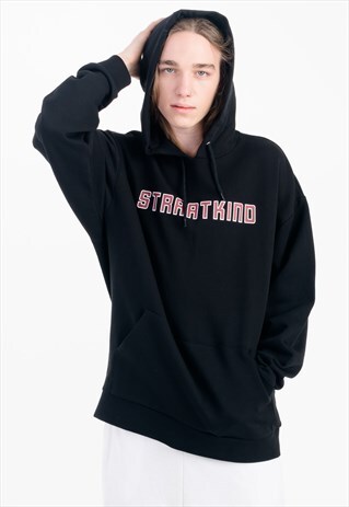 OVERSIZED PRINTED HOODIE IN BLACK WITH POUCH POCKET