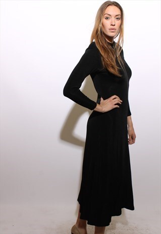 VINTAGE 90S BLACK MAXI DRESS MOCK NECK RHINESTONE ZIPPER S M