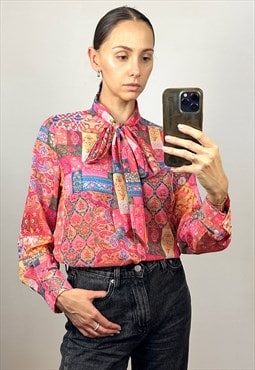 Vintage pink semi-sheer pussybow floral blouse