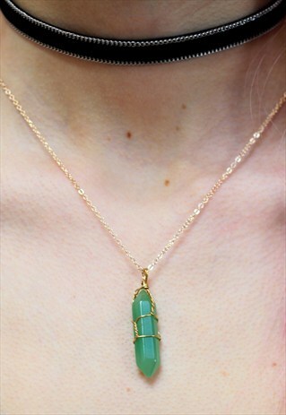 JADE SEMI PRECIOUS CRYSTAL NECKLACE WITH GOLD CHAIN