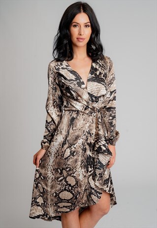 LONG SLEEVE MIDI DRESS IN SNAKE PRINT TEXTURED SATIN