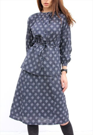 VINTAGE PRINTED SKIRT SET BLUE SUMMER TOP WITH SKIRT M