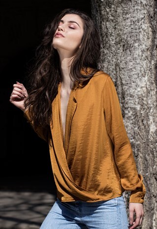MARIGOLD SATIN SHIRT WITH PLUNGING NECKLINE