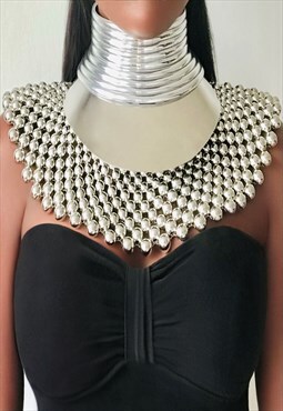 FAYOUM African Maxi Beaded Silver Choker Necklace & Bracelet