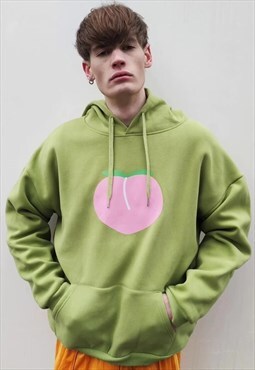 Peach print hoodie emoji pullover in khaki pastel green