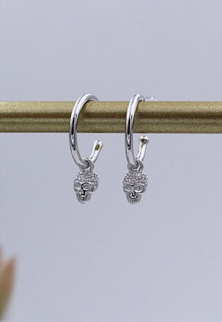 STERLING SILVER SKULL DROP HOOP EARRINGS