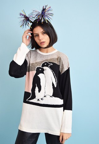 CUTE 90'S RETRO CHRISTMAS PENGUIN PATTERN KNIT JUMPER TOP