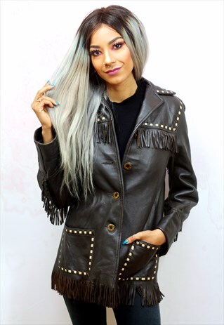 1970S VINTAGE BROWN REAL LEATHER JACKET WITH BOHO TASSELS