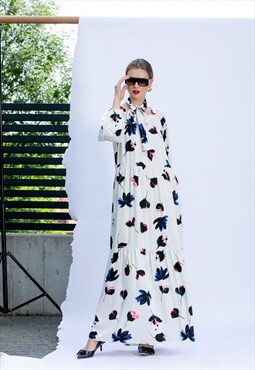 Maxi Dress with Long Sleeves and Flower Pattern, Party dress