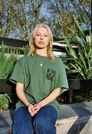 MILITARY GREEN T-SHIRT WITH PRINTED 'THE END IS NEAR' DESIGN