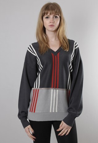 VINTAGE 80S GREY STRIPE PATTERNED OVERSIZE JUMPER