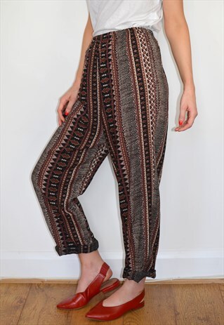 VINTAGE BROWN PATTERN BOHO FESTIVAL WIDE LEG TROUSERS
