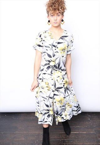 VINTAGE 90S GREY YELLOW FLORAL MIDI BUTTON DRESS