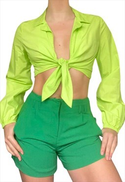 Vintage Y2K 90's/00's Green Long Sleeve Tie Front Crop Shirt