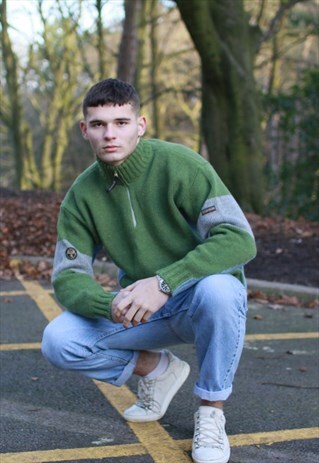 VINTAGE GREEN NAPAPIJRI WOOL KNIT 1/4 ZIP FLEECE