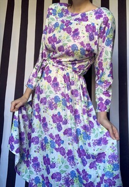 Vintage 80s midi dress, purple flowers, jersey, long sleeves
