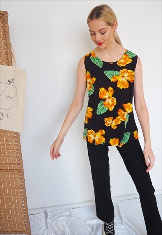 VINTAGE FLORAL PRINT SLEEVELESS BLOUSE