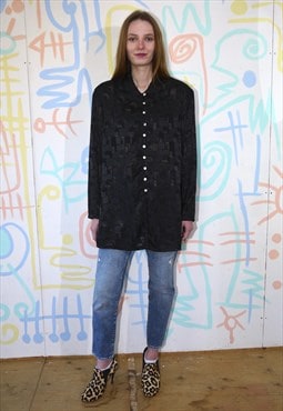 Shirt Vintage 80s 90s Black Long Semi Sheer UK 14 - 16