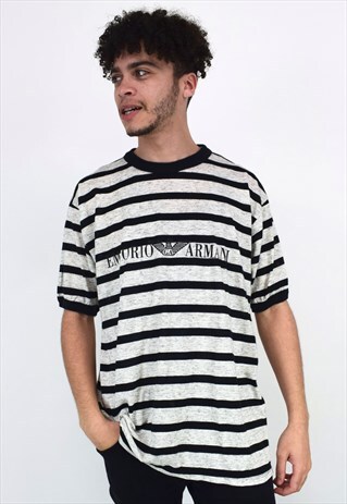 VINTAGE 90'S ARMANI GREY & BLACK STRIPED T-SHIRT