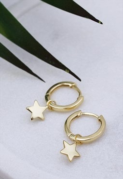 Yellow Gold plated Sterling Silver Star Huggie Hoop Earrings
