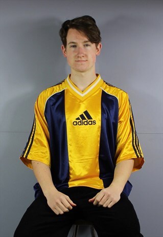 VINTAGE ADIDAS NYLON T-SHIRT FOOTBALL SHIRT IN NAVY BLUE AND