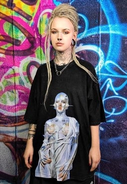 Robot t-shirt Ex machina print tee punk Alien top acid black