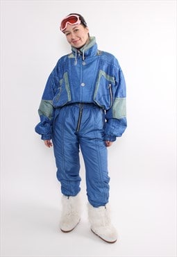 Vintage one piece ski suit, 90s blue ski jumpsuit, women 
