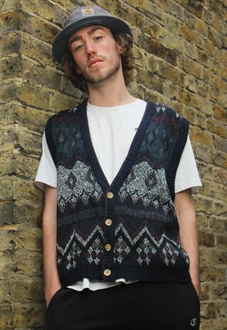 VINTAGE / 80'S / BLACK PATTERNED SLEEVELESS JUMPER