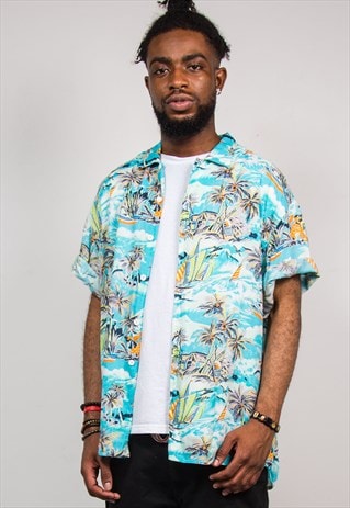 VINTAGE 90'S PALM PRINT HAWAIIAN SHORT SLEEVE SHIRT