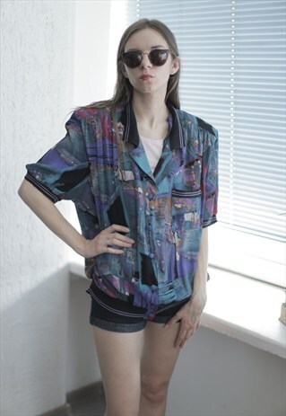 VINTAGE 80'S MULTI COLOUR PATTERNED SHORT SLEEVE BLOUSE
