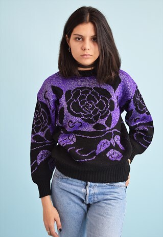80'S RETRO ROSE PATTERN KNIT SHIMMER JUMPER