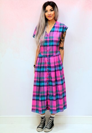 1980S VINTAGE PINK AND PURPLE GINGHAM MIDI DRESS
