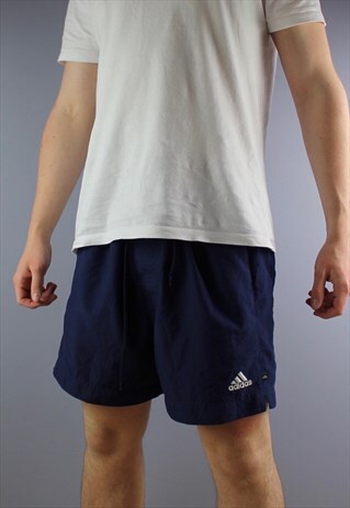 VINTAGE ADIDAS SHORTS IN NAVY WITH POCKETS, EMBROIDERED LOGO
