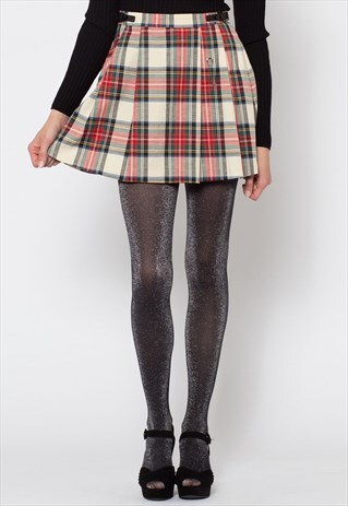 CREAM TARTAN CHECK PLEATED SKIRT