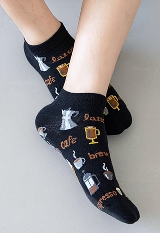 COFFEE PATTERN LOW CUT SOCKS IN BLACK COLOR