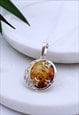 STERLING SILVER CRESCENT MOON AND STARS AMBER NECKLACE