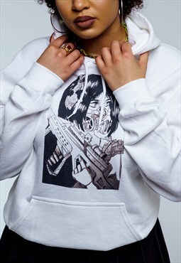 Unisex white hoodie with cyberpunk girl print 