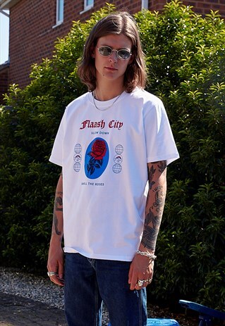ORGANIC WHITE T-SHIRT WITH ROSE PRINT