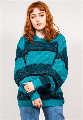 VINTAGE 90'S BLUE & BLACK FISHERMAN KNIT OVERSIZED JUMPER
